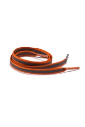 Subject shot of gray and orange shoe strings with reflective stripe. The plane shoe laces are rolled into a coil and isolated on the white background.