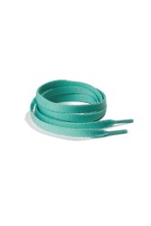 Subject shot of blue shoe strings with thin tips. Flat shoe laces are rolled into coil and isolated on the white background.