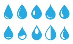 Vector blue water drop icon set. Flat droplet logo shapes collection