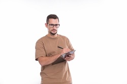 Man Writing in Clipboard Isolated. Man Working with Clipboard. Commecial, Shopping, Advertisment Concept