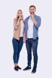 Couple Silence Sign. Couple Shush. Couple Standing Isolated. Sign