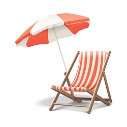 3d realistic vector vacation icon beach sunbed with umbrella, wooden deck chair. Summertime relax. Isolated on white background illustration.