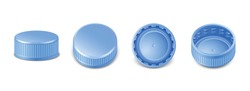 3d realistic collection of blue plastic bottle caps in side, top and bottom view.  Mockup with pet screw lids for water, beer, cider of soda. Isolated icon illustration. 
