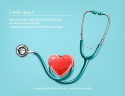3d realistic vector background illustration. Stethoscope with heart, medical banner.