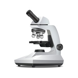 3d realistic vector icon. Laboratory equipment microscope. Sience and biology lab, chemistry, pharmaceutical concept. Side view