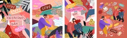 Happy Valentine's Day! Vector cute illustrations of a couple in love for background, card or poster. Abstract trendy modern print for the holiday.