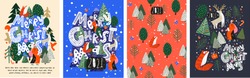 Merry Christmas and Happy New Year! 2021! Vector trendy abstract illustrations of holiday card with forest, santa claus, fox, deer, lettering, christmas tree and pine. Drawing for poster or pattern.