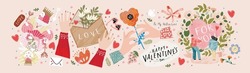 Valentine's day, February 14. Vector illustrations of love, couple, heart, valentine, king, queen, hands, flowers. Drawings for postcard, card, congratulations and poster.