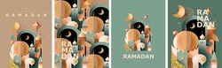 Happy Ramadan Kareem! Vector illustration of abstract paper cut mosque, crescent, pattern, window and street for greeting card, background or wallpaper