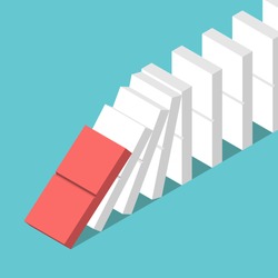 Red tile starting domino effect and many white ones on turquoise blue background. Crisis, leadership and motivation concept. Flat design. No transparency, no gradients