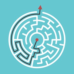 Circular maze with way from center to exit on turquoise blue background. Problem, confusion and solution concept. Flat design. EPS 8 compatible vector illustration, no transparency, no gradients