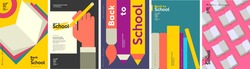 School backgrounds. Book, stationery, books, hand and pencil. 
 Set of flat, vector illustrations. Back to School. Elements and objects on school themes, simple background for poster, cover, flyer.