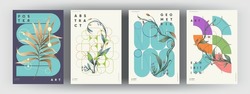 Abstract posters. Botanical banner with geometric shapes, leaves, branch and plants. Set of vector illustrations. Modern painting for interior.