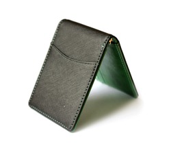 Blank green and black wallet isolated on white background . Open wallet . 