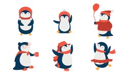 Penguins in scarfs and hats doing casual things vector illustration