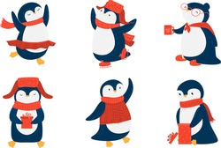 Pinguins in red scarfs and hats enjoying life vector illustration