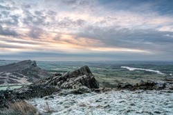 Panoramic view from The Roaches, Staffordshire. Winter sunrise in the Peak District National Park, UK.