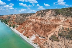 Amazing nature landscape, aerial view, of Stanislav clay mountains, bizarre canyon over the Dnieper river, outdoor travel background, Ukraine, Kherson grand canyon