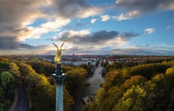 Autumn view of Munich, Germany skyline towards Prinzregenten Street, Church of our Lady