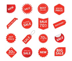 Set of sale tags. Ribbon sale banners. Red ribbon price and discount labels. Red starburst stickers. Vector illustration