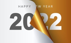 Happy New Year 2022 greeting card design template. End of 2021 and beginning of 2022. The concept of the beginning of the New Year. The calendar page turns over and the new year begins.