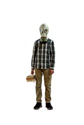 A teenager in a gas mask with a stack of books in his hand on a white background. Isolate.                               