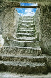 step stone staircase in the ruins of the ancient cave city