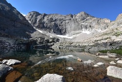 Wide-angle landscape view of Green Lake and Chiefs Head Peak in Glacier Gorge - Rocky Mountain National Park, Colorado, USA