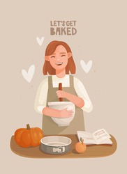 A cheerful girl in an apron mixes ingredients in a bowl. Wooden table, pumpkin, apple. Baking dish and recipe book. Let's get baked lettering. Hand-drawn vector illustration. Cozy mood, homemade cakes