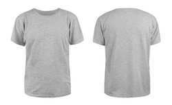 Men's grey blank T-shirt template,from two sides, natural shape on invisible mannequin, for your design mockup for print, isolated on white background.