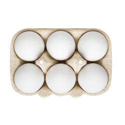Packing, box of white eggs isolated on white background, top view, 6 pieces