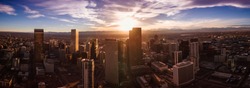 Aerial/Drone panorama.  Capital city of Denver Colorado at sunset
