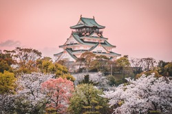 Osaka Castle at sunset, beautiful Japanese temple cherry blossom trees, sakura season, autumn Japan.