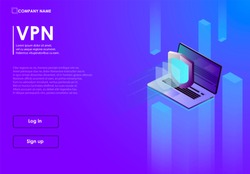 Secure virtual private network connection concept. Isometric vector illustration in ultraviolet colors. VPN connectivity overview.