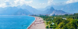 Panoramic views of Antalya and the Mediterranean coast and the beach and beautiful mountains in the clouds. Antalya, Turkey
