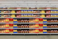 Pasta packing on a shelf in a supermarket. is suitable for presenting new packaging among many others.