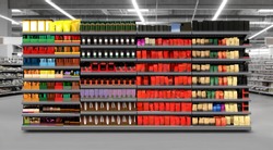 3D illustration of Coffee packagings on shelf in supermarket. Suitable for presenting new products and new designs, labels and to better present new coffee brands among many other.