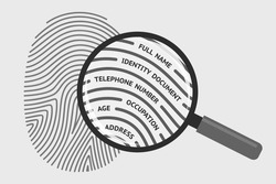 Fingerprint and magnifying glass with personal information. Concept of identification of person, getting personal data and information using fingerprint, biometrics control system