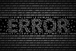 ERROR word composed from chaotic located 0 and 1 digits among ordered binary code. Concept of error or fault in computer program, data loss, software bug