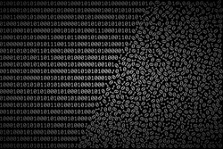 Ordered binary code is turned into chaotic heap of 1 and 0 digits. Concept of software error, fault in computer program, computer virus, corrupted code, data loss