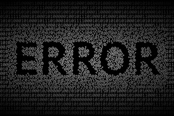 Binary code and dark silhouette of ERROR word among chaotic located 0 and 1 digits. Concept of error or fault in computer program, data loss, software bug, modern pc technologies