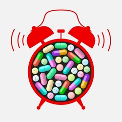 Silhouette of ringing alarm clock with different tablets and pills instead of clock face. Taking medications on schedule, time for treatment. Healthcare and medical concept