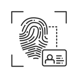 Fingerprint scan provides security access black line icon. ID and verifying, person. Concept of: authorization, dna system, scientific technology, scanning. Biometric identification.