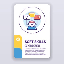 Soft skills brochure template. Human abilities cover design. Print design with linear illustration cartoon character on a white background