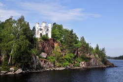 Mon repos - rocky landscape park of the 18th century on the bank of the Zashchitnaya Bay in the city of Vyborg, Russia