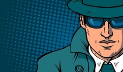 Man detective investigating. Dressed in a retro raincoat and hat. Wearing black glasses. Vector cartoon illustration pop art. Hand drawn outline