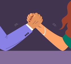 Man and woman compete in arm wrestling. Couple in arm wrestling battle. Dispute and conflict in family and business. Concept allegory. Flat vector illustration