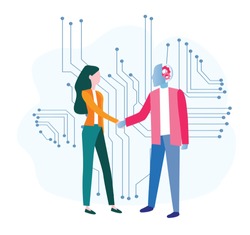 Artificial intelligence, AI with high technology, Vector illustration. Symbol of future cooperation, technology advance, innovation. big data and VR, ai robot handshake with human, business, startup.
