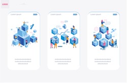 Blockchain, Hi tech Block chain process data structure visualization with business people. Future technologies, people and cubic blocks connected into chain vector illustration, Competitive Process