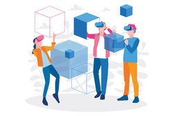 Man and woman wearing virtual reality headset and looking at abstract VR world. Vector illustration for web banner, infographics, mobile . Virtual augmented reality glasses.